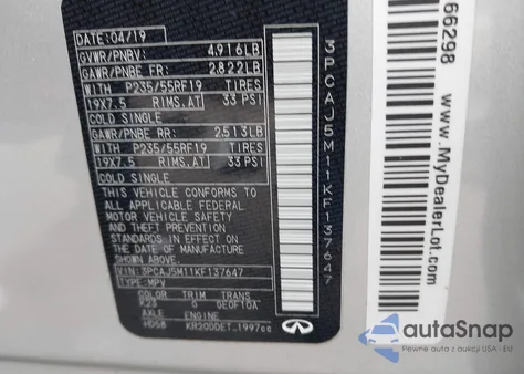 2019 Infiniti Qx50 Luxe из США, поврежденный, VIN 3PCAJ5M11KF137647